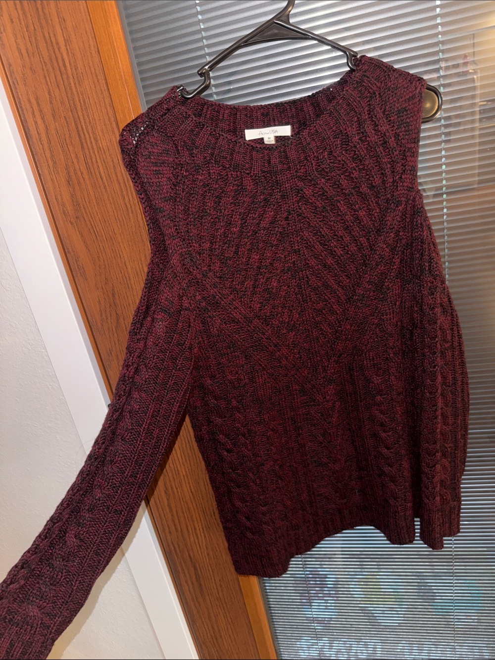 Active USA Marled Wine Cold Shoulder Cable Knit Sweater